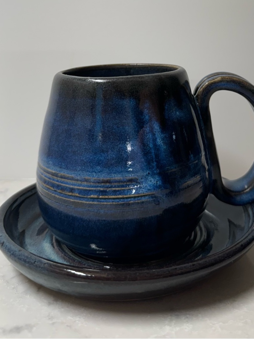Deep Blue Ceramic Coffee Mug and Saucer